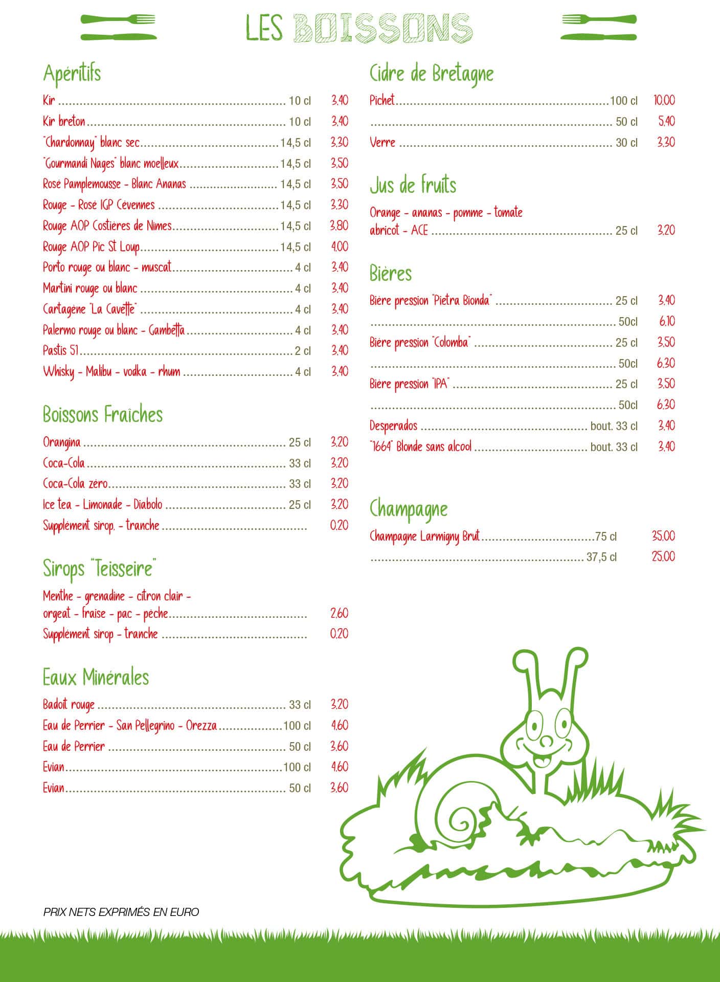 la carte des boissons